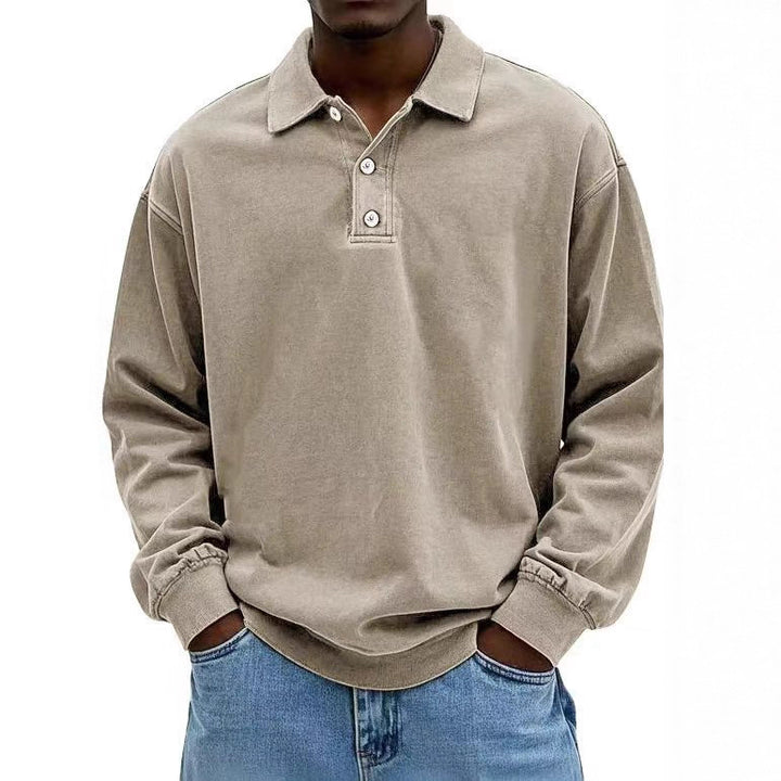Men's casual polo shirt sweatshirt with collar, vintage wash and three-piece button placket StylebySassy