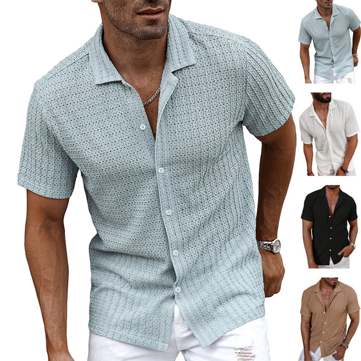 Men's airy short-sleeve ajour shirt with shawl collar and continuous button placket StylebySassy