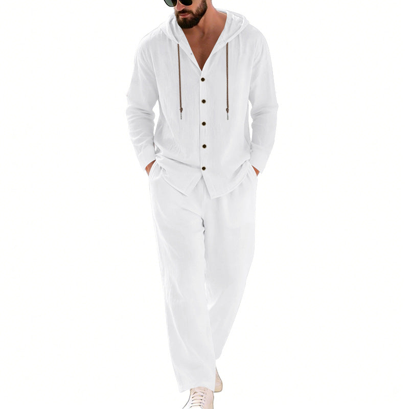 Men's two-piece lounge set with button hoodie shirt made of crepe jersey and straight drawstring pants StylebySassy
