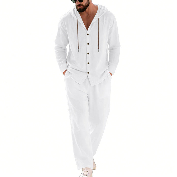 Men's two-piece lounge set with button hoodie shirt made of crepe jersey and straight drawstring pants StylebySassy