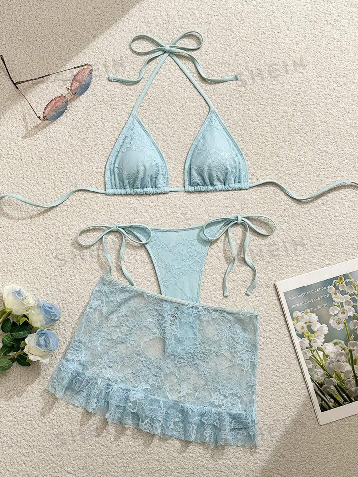 Ladies Lace Bikini with Floral Design and Flowing Skirt StylebySassy