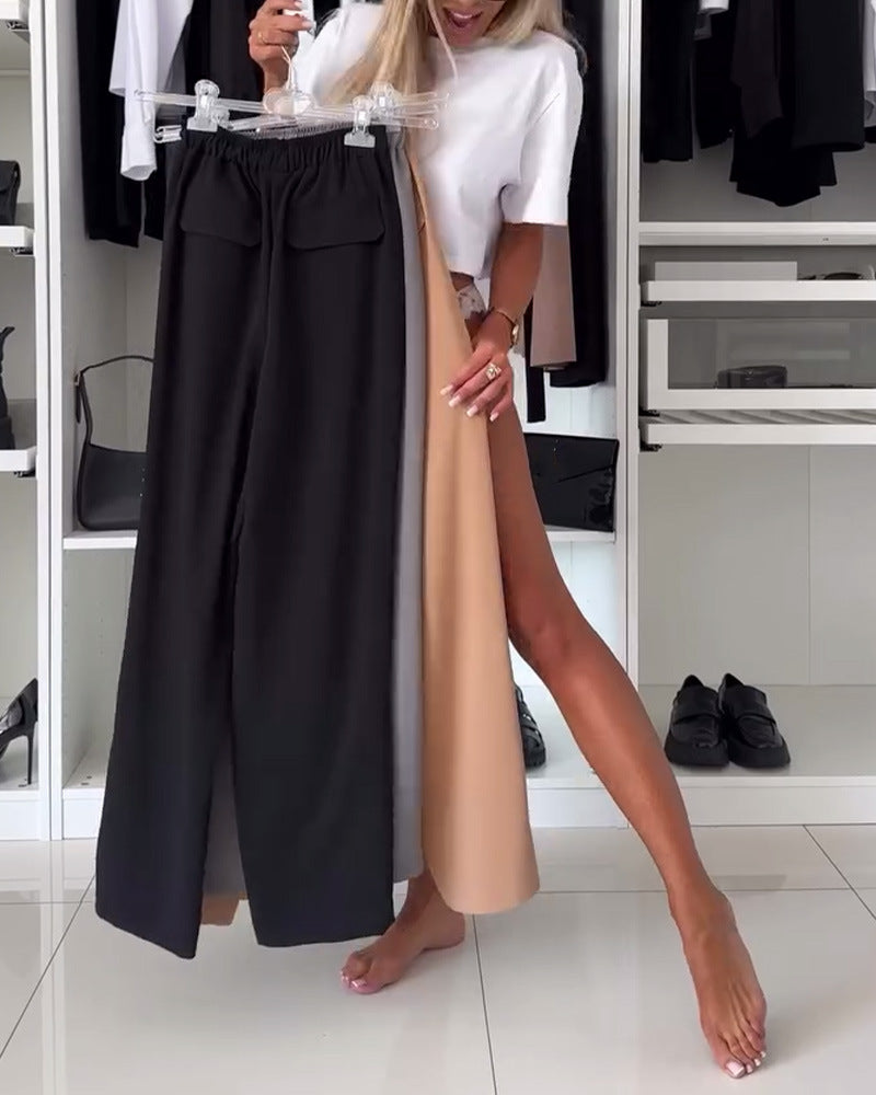 Women's wide Palazzo pants with elastic waistband and patch flap pockets StylebySassy