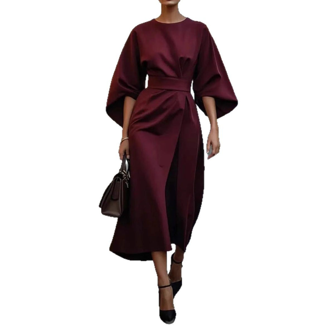 Ladies' elegant midi dress with kimono sleeves, draped wrap look and waist belt StylebySassy