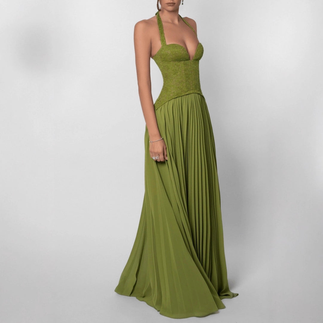 Ladies nan halter neck corset dress with lace corset and flowing pleated skirt StylebySassy