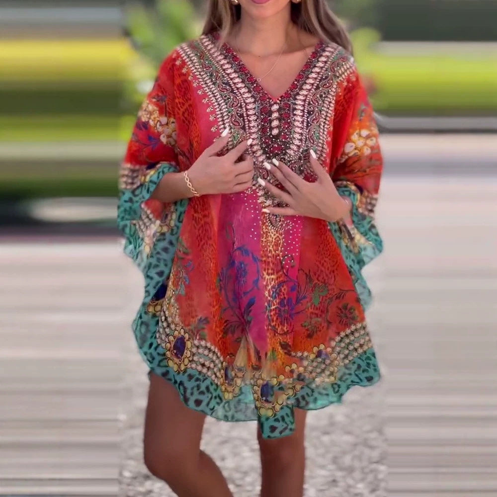 Women's short tunic kaftan with embellished V-neck and floral-animal border StylebySassy