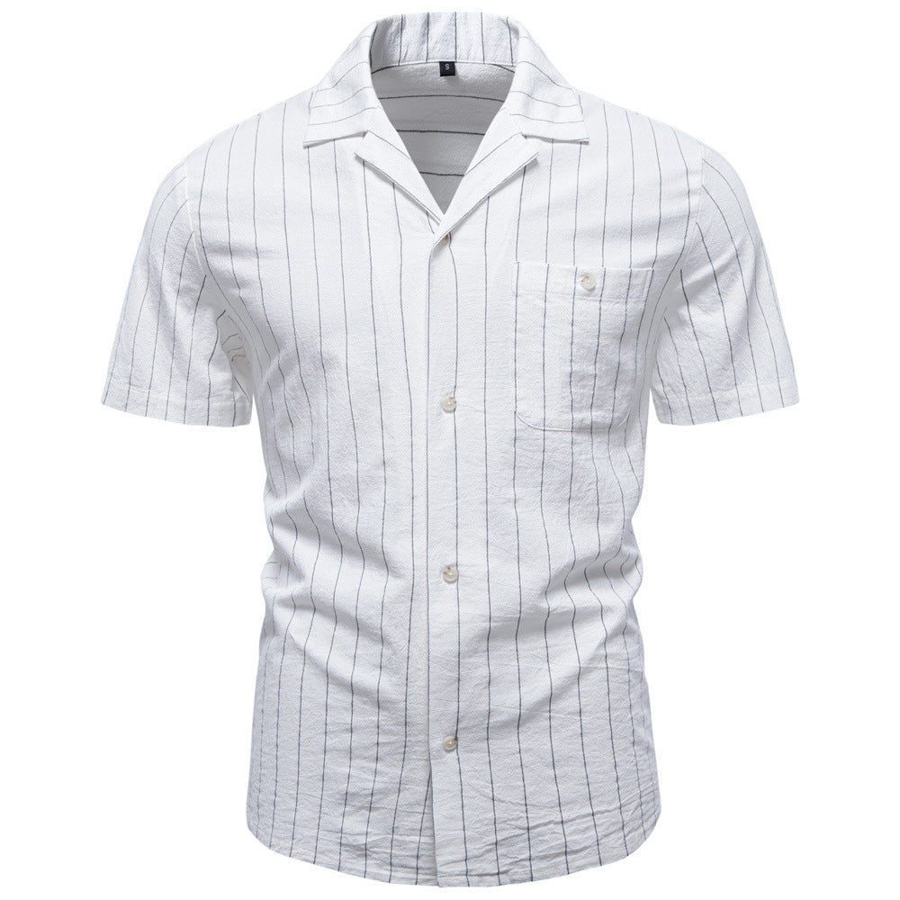 Men's lightweight short-sleeve shirt made of cotton-linen blend with notch collar and fine pinstripes StylebySassy