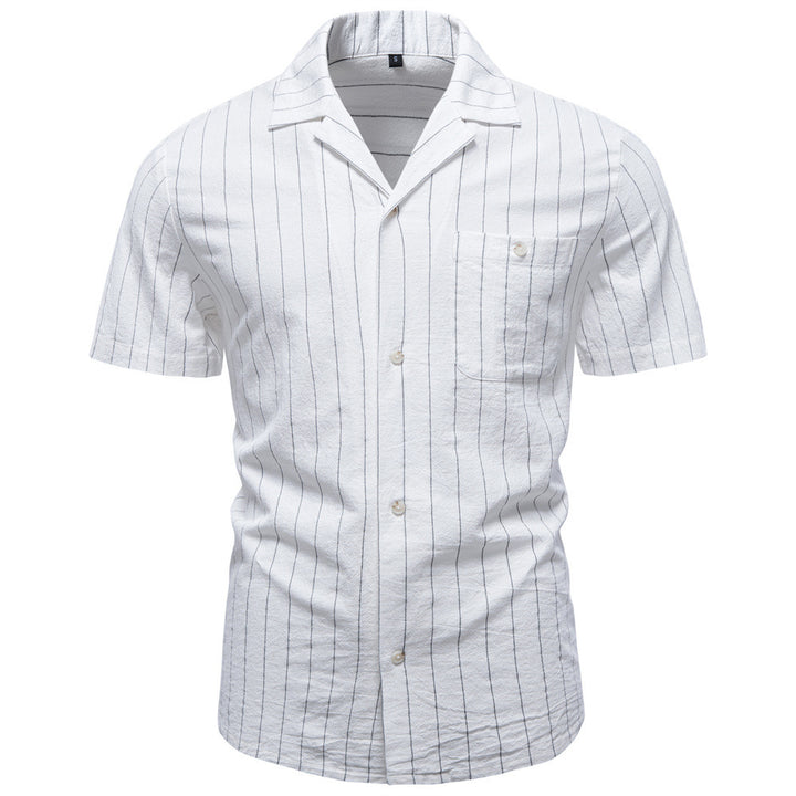 Men's lightweight short-sleeve shirt made of cotton-linen blend with notch collar and fine pinstripes StylebySassy
