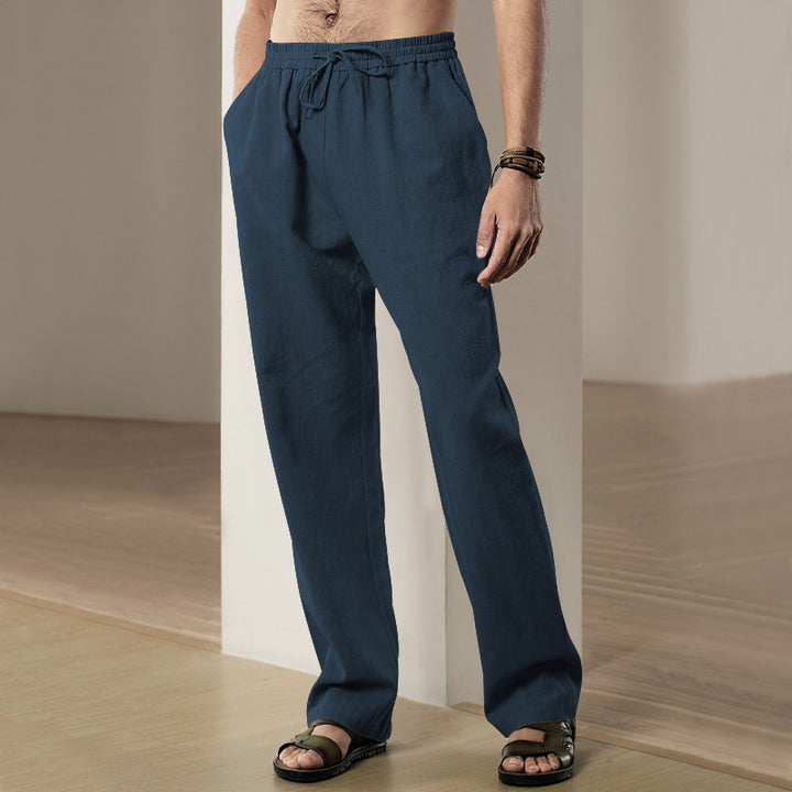Men's comfortable linen-cotton blend relaxed pants with straight leg, elastic waistband, and concealed side pockets StylebySassy