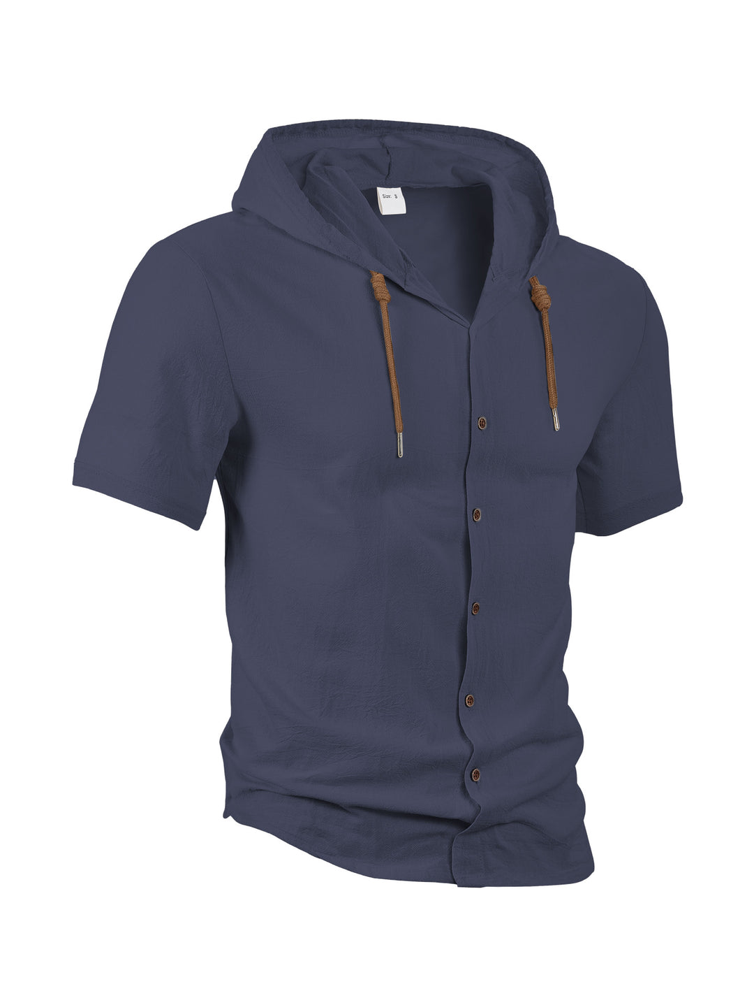Men's tailored short-sleeve hooded shirt in textured linen look with wood look buttons and drawstring StylebySassy