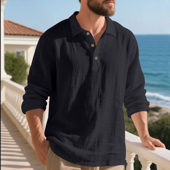 Men's casual linen henley shirt with polo collar and triple button placket StylebySassy