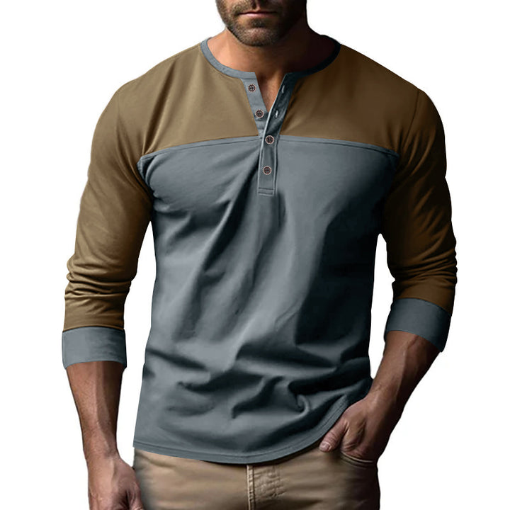 Men's two-tone long sleeve shirt in Henley style with shoulder yoke, short button placket and ribbed cuffs StylebySassy