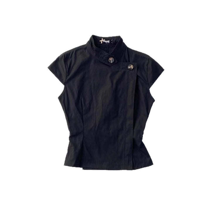 Women’s Fashion Short Sleeve Shirt with Stand-Up Collar and Subtle Button Details StylebySassy