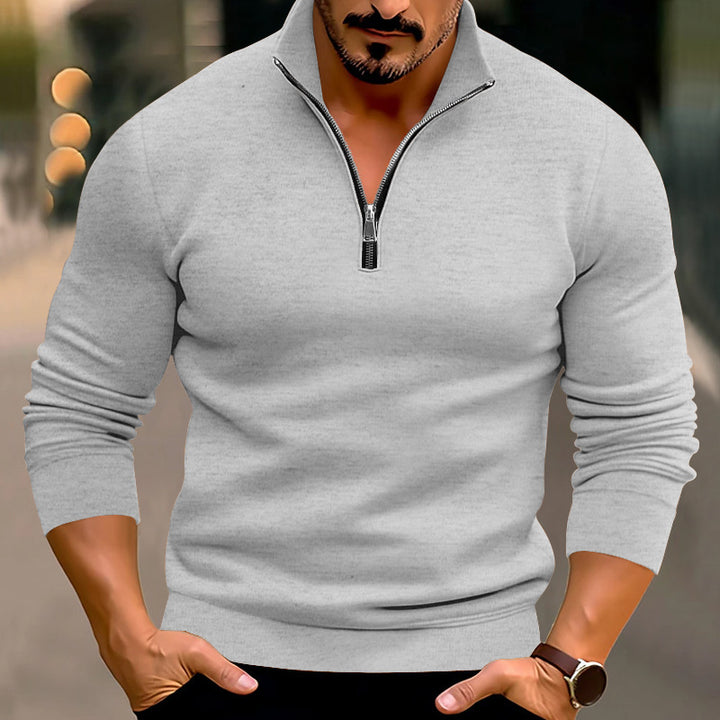 Men's fitted fine knit pullover with short zipper and stand-up collar StylebySassy