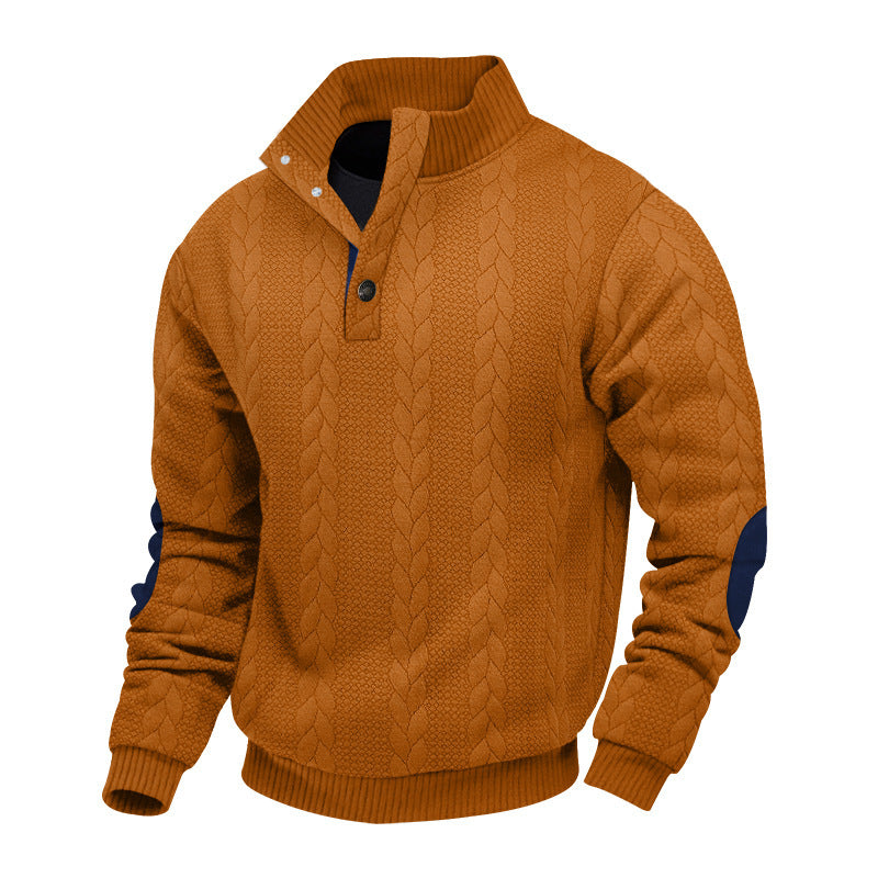 Men's cable knit turtleneck with stand-up collar, half button placket, and contrasting leather applications StylebySassy