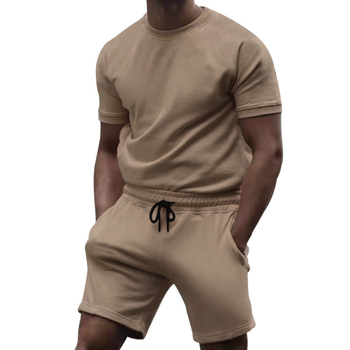 Men's short-sleeve sweat set made of soft sweatshirt fabric with a round neck shirt and drawstring shorts StylebySassy