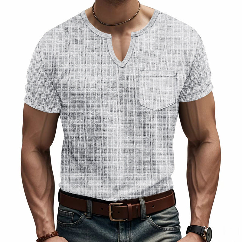 Men's short-sleeve shirt with V-slit neckline and patch chest pocket made of textured jersey StylebySassy