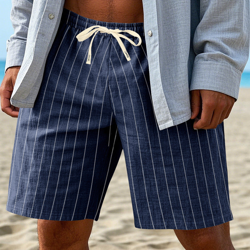 Men's relaxed beach Bermuda shorts with fine pinstripe structure, elastic drawstring waistband, and side slip pockets StylebySassy