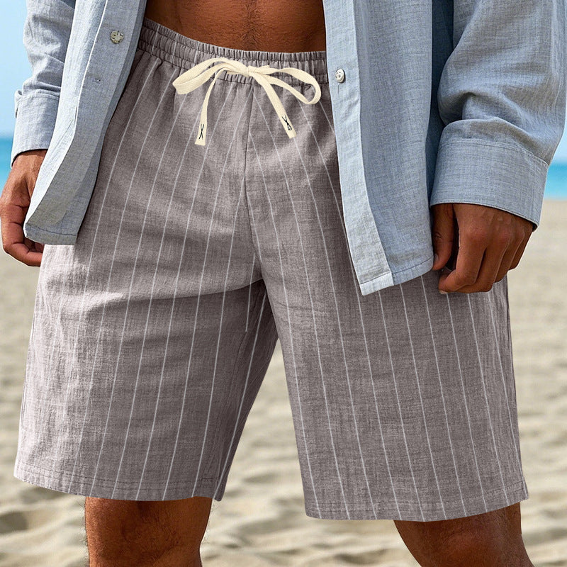 Men's relaxed beach Bermuda shorts with fine pinstripe structure, elastic drawstring waistband, and side slip pockets StylebySassy
