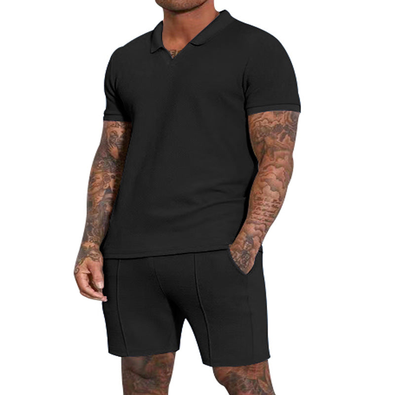 Men's short-sleeved half-collar knit set with fine waffle structure and straight-cut shorts StylebySassy