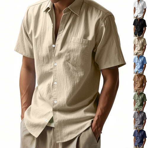 Men's short-sleeved cotton-linen casual shirt with Kent collar, chest pocket, and continuous button placket StylebySassy