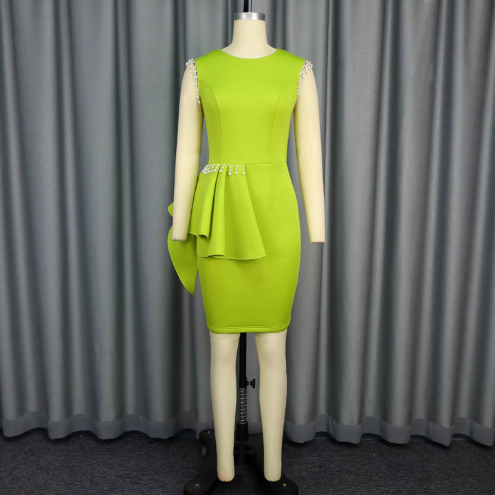 Women's sculpted dress with asymmetric ruffle and pearl accents StylebySassy