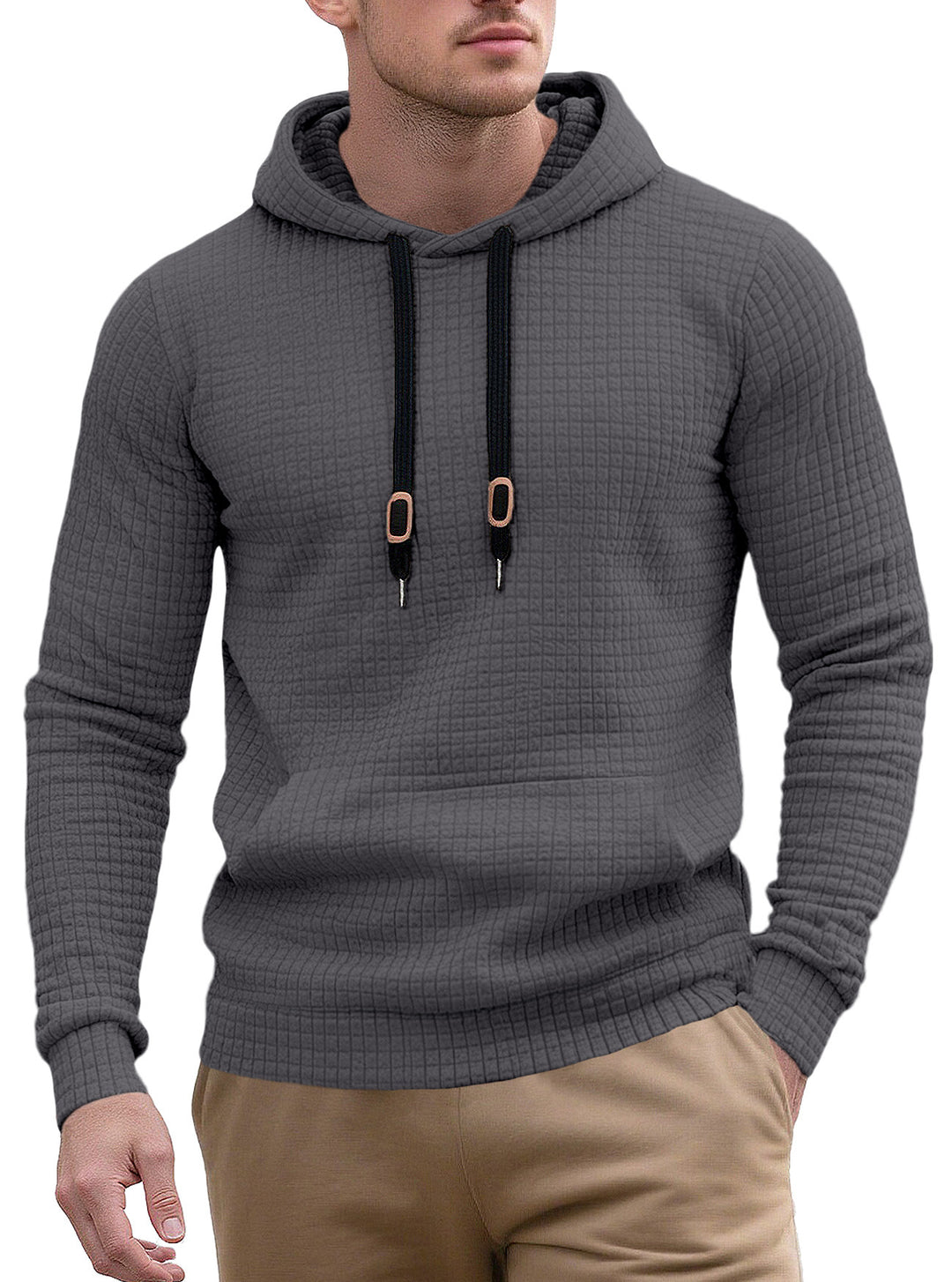 Men's narrow-cut quilted hoodie with fine square texture, drawstring and ribbed hem StylebySassy