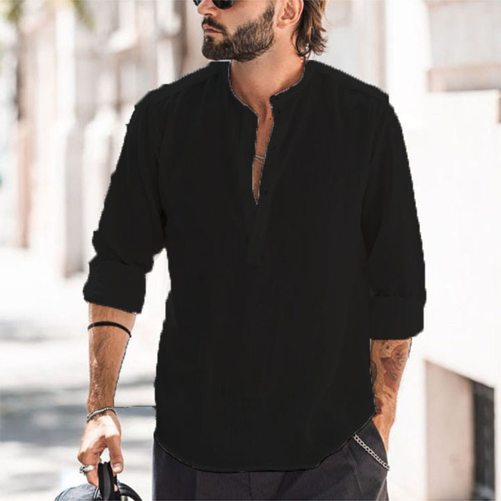 Men's casual shirt with stand-up collar, short button placket, and rounded hem StylebySassy