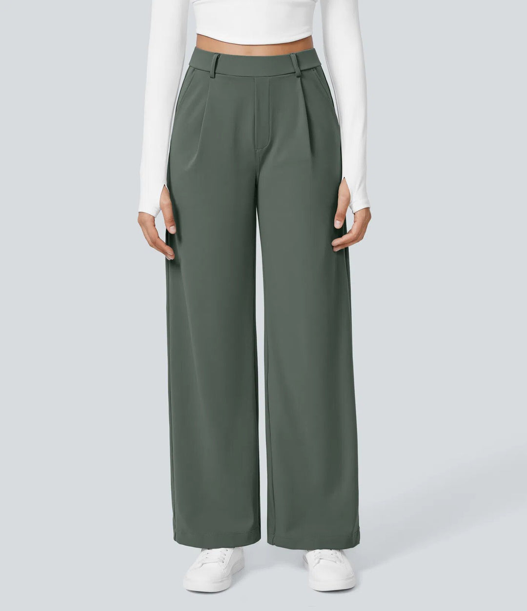 Ladies high-waisted pleated trousers with wide leg, belt loops and side pockets StylebySassy