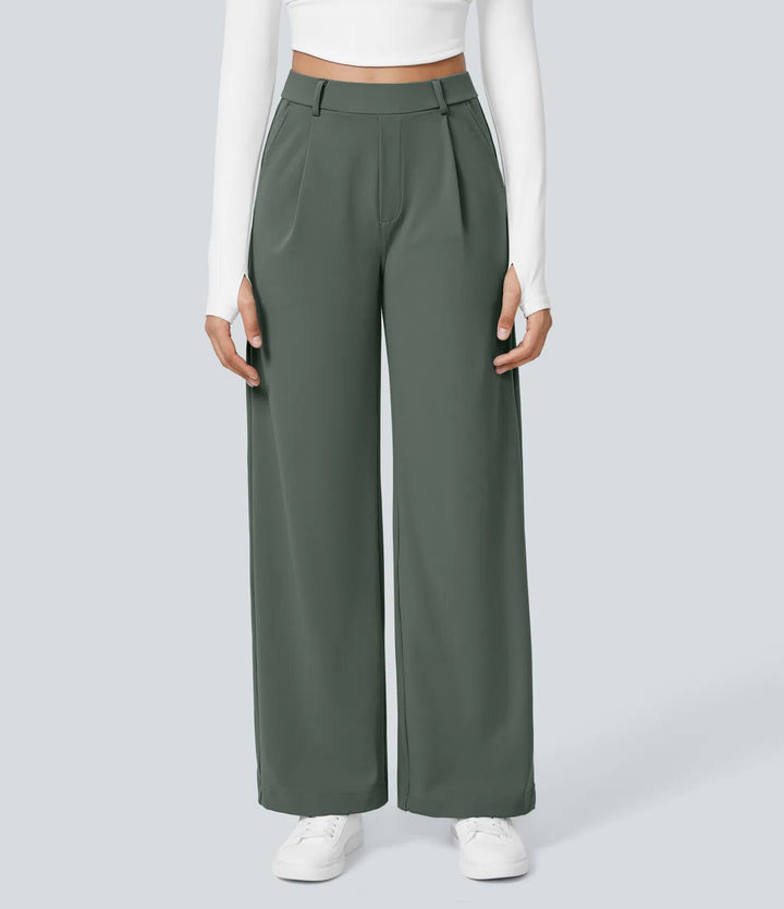 Ladies high-waisted pleated trousers with wide leg, belt loops and side pockets StylebySassy