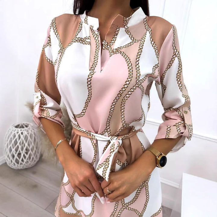 Women's relaxed fall shirt dress with chain print, detachable waist belt and roll-up three-quarter sleeves StylebySassy