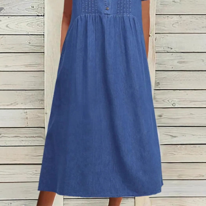 Ladies' knee-length dress in denim look with round neckline, chest piping and side inset pockets StylebySassy