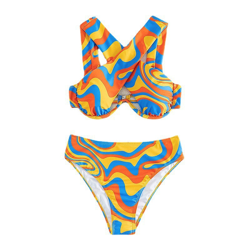 Women's bikini set with innovative racerback design and colorful pattern StylebySassy