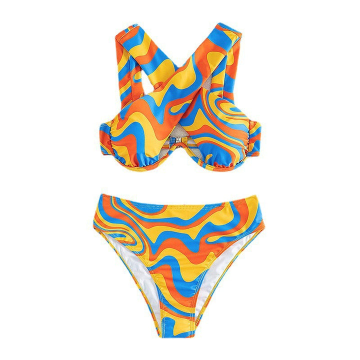 Women's bikini set with innovative racerback design and colorful pattern StylebySassy