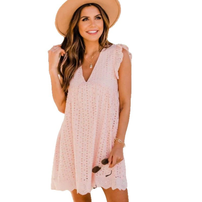 Women's Broderie-Anglaise Mini Dress with V-Neck, Ruffled Sleeves, and Insert Pockets StylebySassy