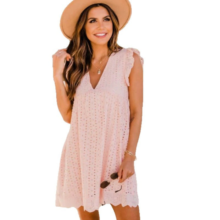 Women's Broderie-Anglaise Mini Dress with V-Neck, Ruffled Sleeves, and Insert Pockets StylebySassy