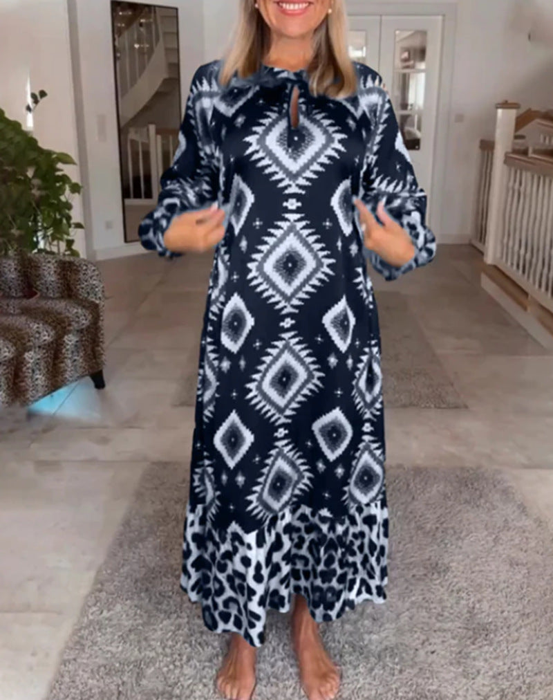 Women's flowing maxi dress with ethnic diamond print, keyhole neckline and contrast ruffle StylebySassy
