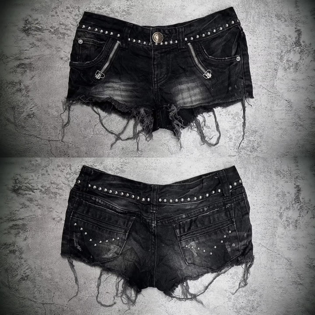 Ladies Fashion Destroyed Denim Shorts with Studs StylebySassy