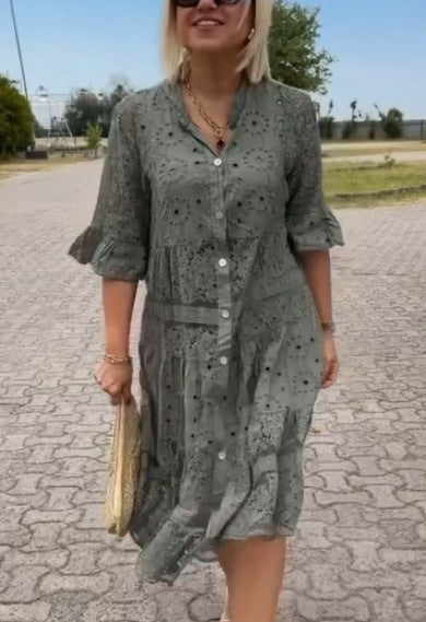 Women's shirt blouse midi dress with lace inserts, tiered skirt and full button placket StylebySassy