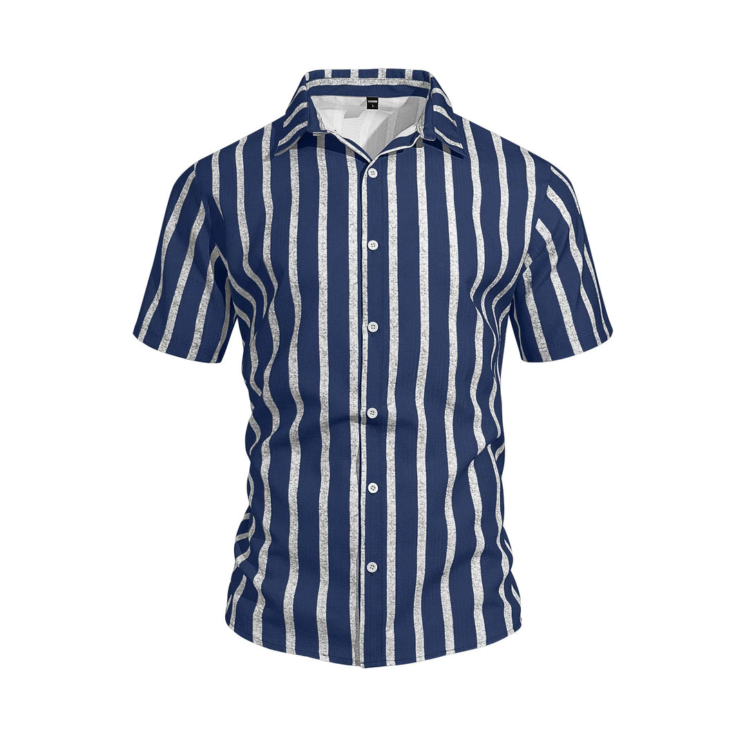 Men's casual short sleeve shirt with vertical block stripes, open lapel collar, and lightweight cotton-linen blend StylebySassy