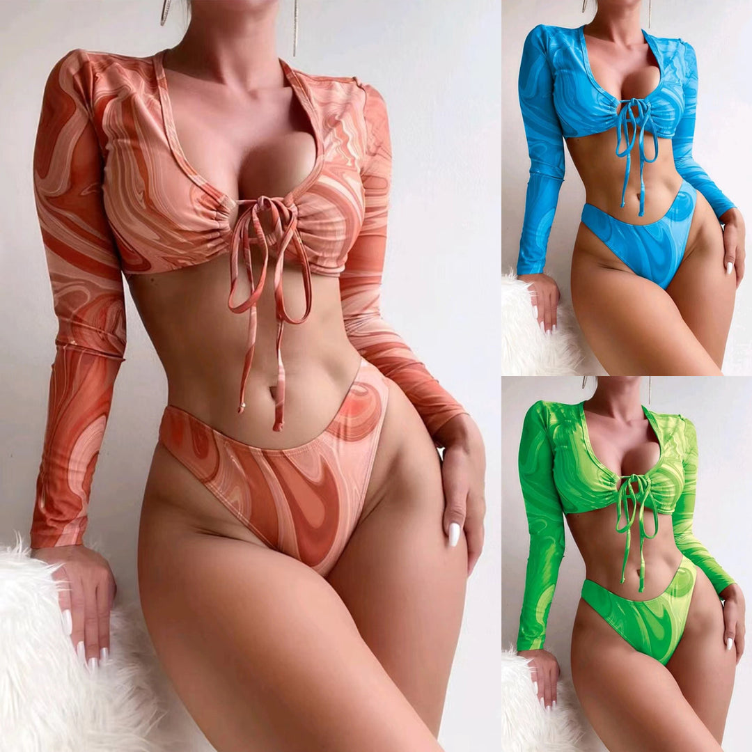 Women's Surf Bikini Set with Long Sleeve Crop Top and High Waisted Bottoms StylebySassy