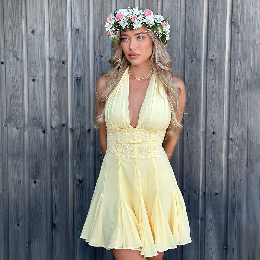 Women airy halter neck dress with seductive gathering StylebySassy