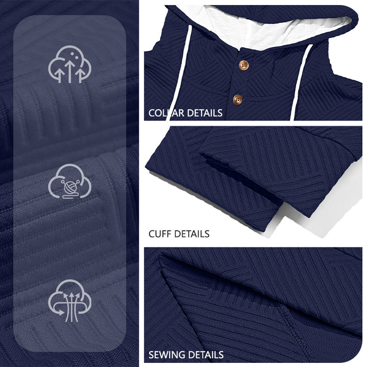 Men's structured hoodie henley pullover with jacquard texture, button placket, and elbow patches StylebySassy