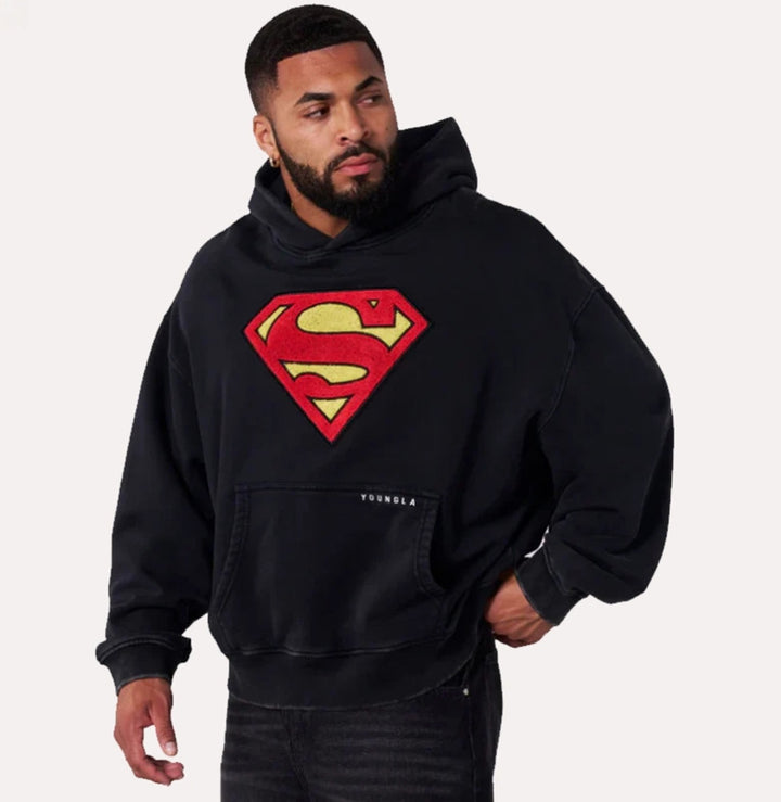 Men's oversized hooded sweatshirt with distinctive Comic-S logo kangaroo pocket and washed look StylebySassy