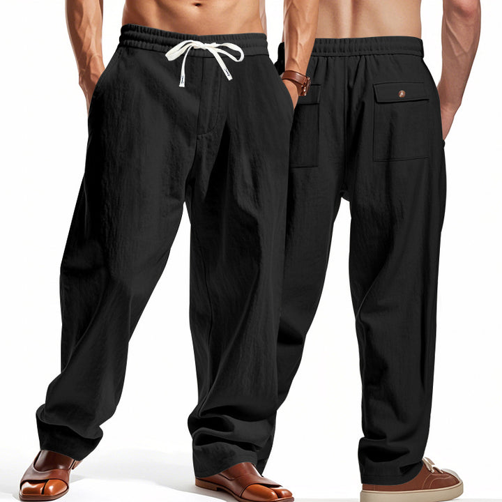 Men's wide comfort trousers in linen blend with elastic drawstring, straight leg, and patch back pockets StylebySassy