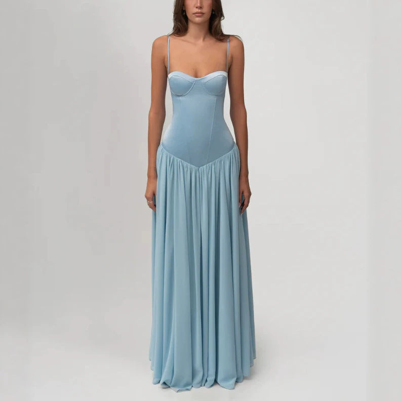 Women’s shaping bustier evening dress with pre-shaped corset construction and wide chiffon flared skirt StylebySassy