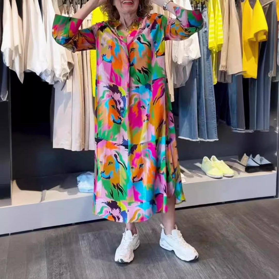 Women's shirt dress maxi dress with pop art lion print, button placket and side pockets StylebySassy
