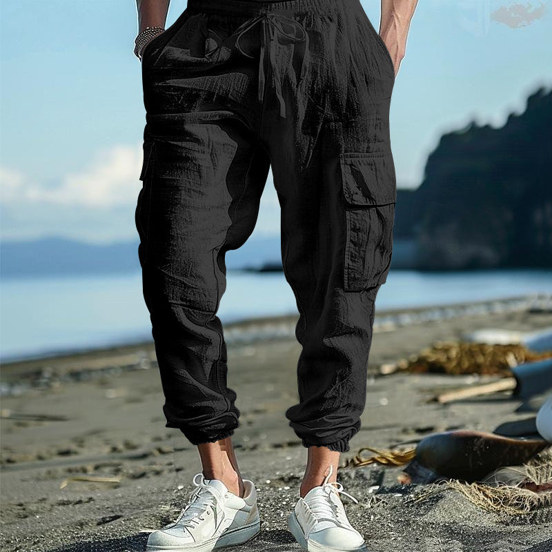 Men's Casual Linen Cargo Joggers with Drawstring Waist, Large Flap Pockets and Elastic Ankle Cuffs StylebySassy