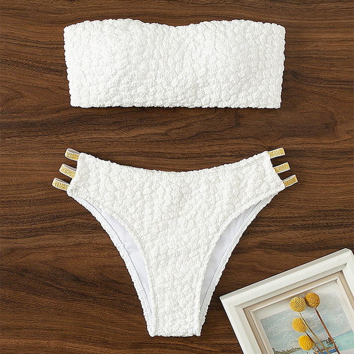 Ladies bandeau bikini with fashionable ripple pattern and elegant embellishments StylebySassy