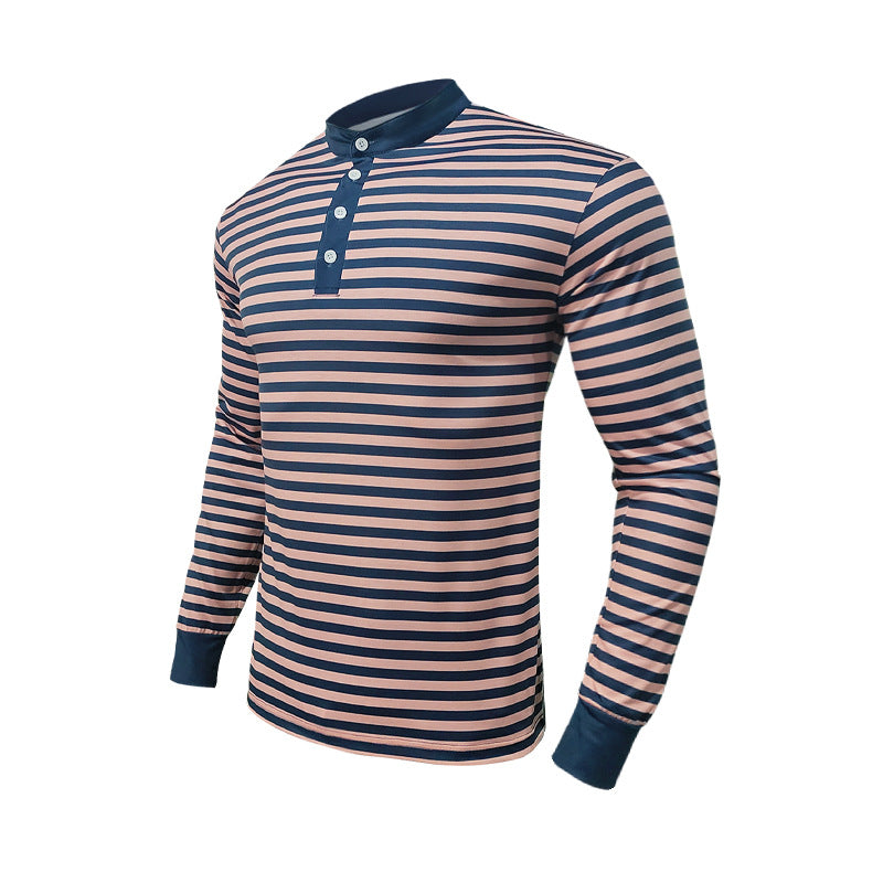 Men's striped long-sleeve Henley shirt with stand-up collar and button placket StylebySassy