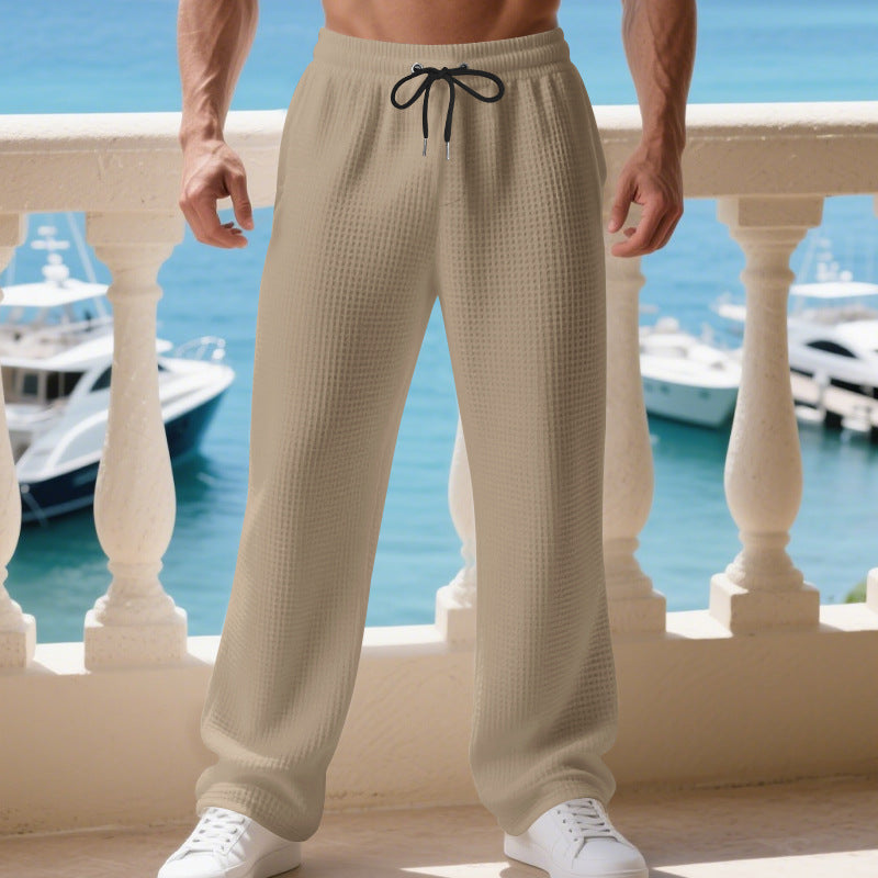 Men's waffle piqué lounge pants with elastic tunnel drawstring waistband and straight leg StylebySassy